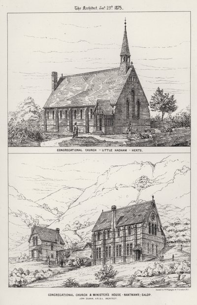 Seurakuntakirkko, Little Hadham, Herts; Seurakuntakirkko ja ministeritalo, Nantmawr, Salop (kaiverrus) tekijältä English School
