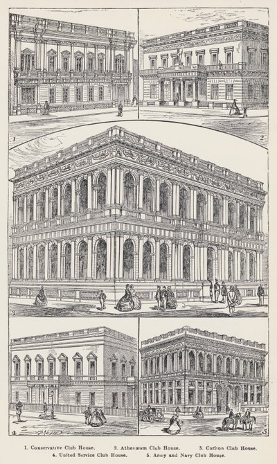 Konservatiivinen klubitalo, Athenaeum Club House, Carlton Club House, United Service Club House, Army and Navy Club House (kaiverrus) tekijältä English School