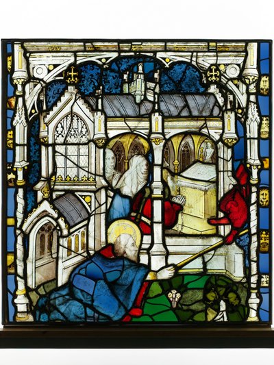 Säilytetty paneeli Great East Windowista York Minsterissä: "St John Measures the Temple" tekijältä English School