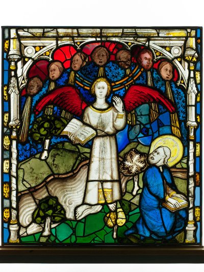 Säilytetty paneeli Great East Windowista York Minsterissä: "Mighty Angel and Seven Thunders" tekijältä English School
