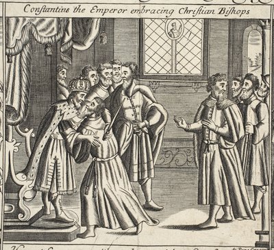 Constantin the Emperor syleilee kristittyjä piispoja, John Foxen kuvitus teoksista Apostolien teot ja monumentit, yhdeksäs painos, pubi. 1684 tekijältä English School