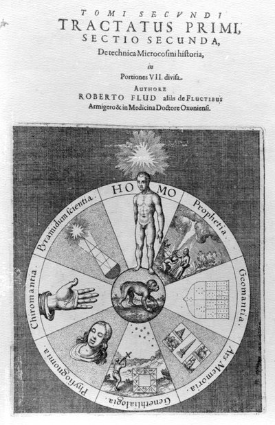 Kosmoksen rakentaminen Robert Fluddin teoksesta "Utriusque Cosmi Historia", 1619. tekijältä English School