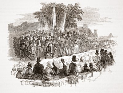 Kilpailu kultaharpusta Royal Denbigh Eisteddfodissa ennen H.R.H. Sussesin herttua vuonna 1828 (teräskaiverrus) tekijältä English School