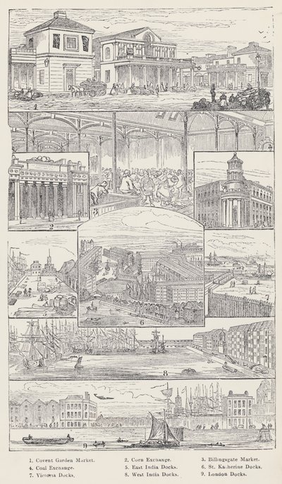 Convent Garden Market, Corn Exchange, Billingsgate Market, Coal Exchange, East India Docks, St Katherine Docks, Victoria Docks, West India Docks, London Docks (kaiverrus) tekijältä English School