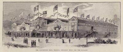 Kongressihalli, Belfast, rakennettu vuonna 1892 Ulsterin unionistikonventtia varten, ja se pidettiin osoittamaan Ulsterin unionistit vastustavat Irlannin kotisääntöä (litho) tekijältä English School