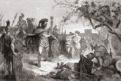 Coriolanus palaa vihollisena Roomaan maanpakolaisuutensa jälkeen, Wardin ja Lockin kuvitetusta maailmanhistoriasta, julkaisu n. 1882. tekijältä English School