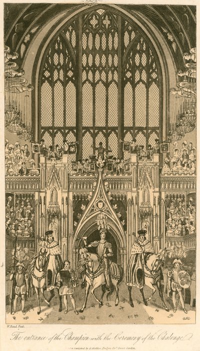 Kuningas Yrjö IV:n kruunausjuhla Westminster Hallissa, 17. heinäkuuta 1821; Mestarin sisäänkäynti haasteseremonialla tekijältä English School