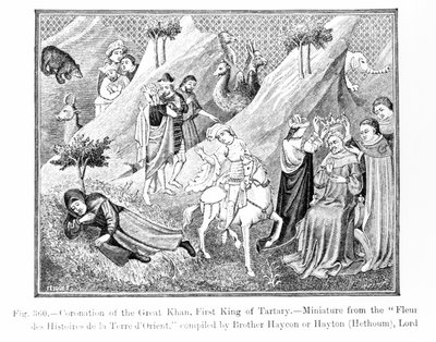 Suuren Khanin (Kublai Khan) kruunaus (1214-94) Tartarin ensimmäinen kuningas, Fleur des Histoires de la Terre dOrient, koonnut Hayton (k.1271), kuvitus tieteestä ja kirjallisuudesta vuonna t. tekijältä English School