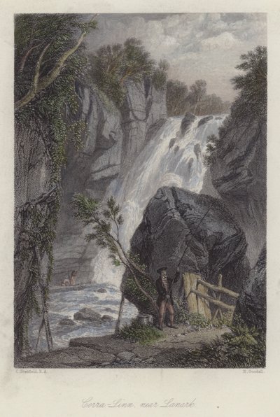 Corra Linn, lähellä Lanarkia, Skotlanti (värillinen kaiverrus) tekijältä English School