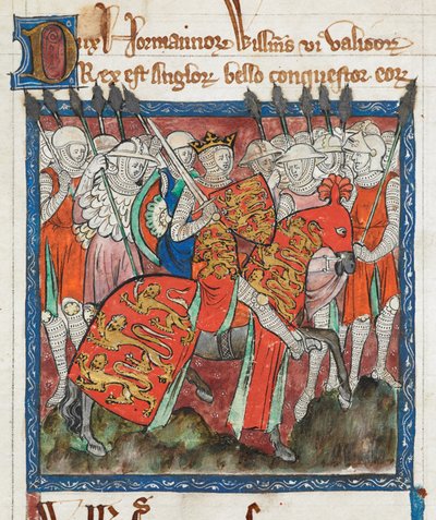 Cott Claud D II f.33 William Valloittaja ratsastaa sotilaidensa kanssa, "Muinaisten kuninkaiden lakien kirja" (vellum) tekijältä English School