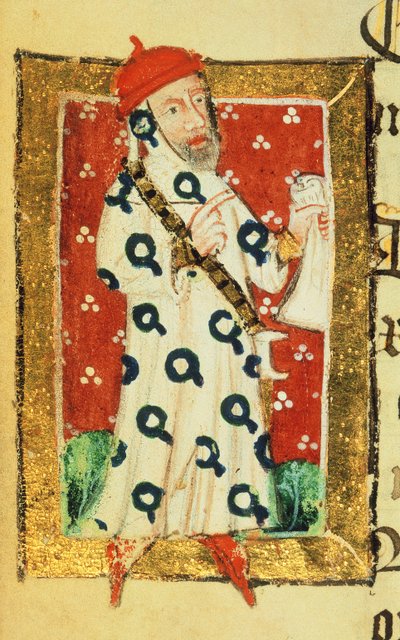 Cott Nero D VII f.105v Nigel Lorning, Sukkanauhan ritari, Benefactors Book of St. Alban