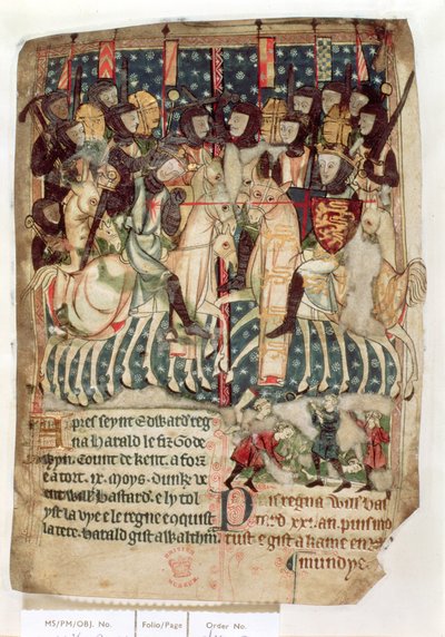 Cott Vitt A XIII f.3v William tappamassa Haroldin Hastingsin taistelussa, anglosaksisten ja normannien Englannin kuninkaiden asetuksista (vellum) tekijältä English School