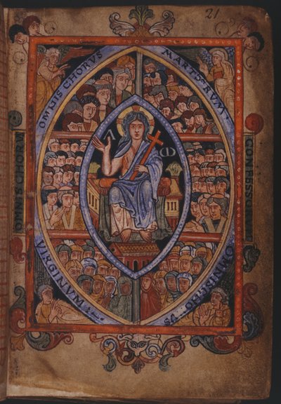 Cotton Galba A. XVIII, f.21 Kristus valtaistuimella marttyyrien, tunnustajien ja neitsyiden kuorojen kanssa tekijältä English School