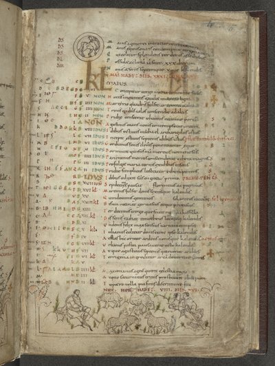 Puuvilla Julius A. VI, f.5, Toukokuun kalenterisivu: Paimenet ja lauma (vellum) tekijältä English School