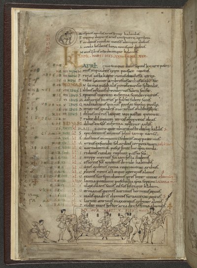 Puuvilla MS Julius A. VI, f.4v, huhtikuun kalenterisivu: Pituuskohtaus kolmen aatelisen kanssa (vellum) tekijältä English School