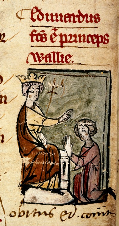 Cotton Nero D. II, f.191v Edward of Caernarvon (Edward II) loi Walesin prinssin ja Chesterin jaarlin isänsä kuningas Edward I:n toimesta Lincolnin parlamentissa 7. helmikuuta 1301 "Chronica Roffensesta", kirjoittaja Matthew Pariisi (vellum) tekijältä English School