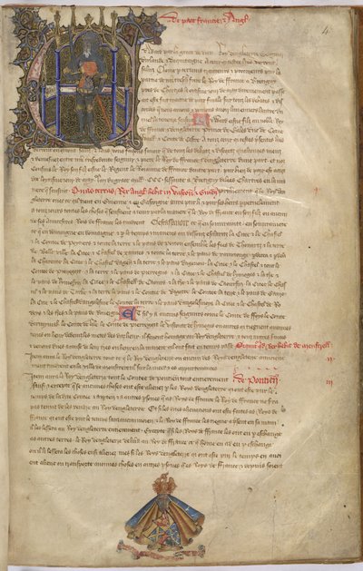 Cotton Nero D. VI f.4 Valaistu alkukirjain "E", joka kuvaa Edward III:ta, Englannin kuningasta tekijältä English School