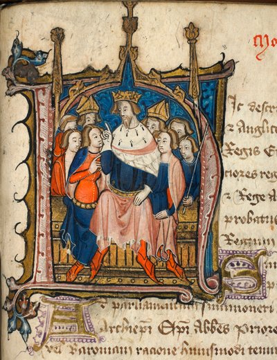 Cotton Nero D. VI, f.72 Historioitu alkukirjain "N", alkaa osion tapaa pitää eduskunta, kuva "Modus Tenendi Parliamentum" (vellum) tekijältä English School