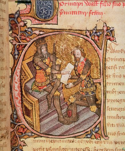 Cotton Nero D VI fol.31 Edward III myöntää Mustalle Prinssille Akvitanian ruhtinaskunnan tekijältä English School