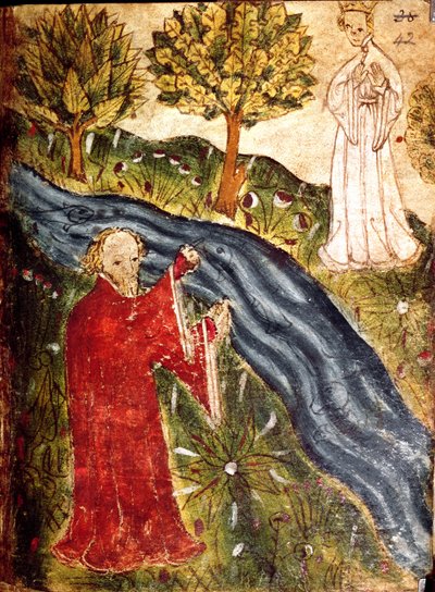 Cotton Nero Ms A X, f. 42 Unelmoija helmiäidon kanssa, n. 1375-1400 (vellum) tekijältä English School