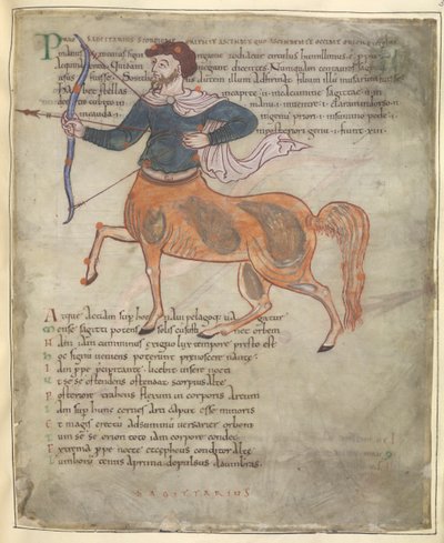 Puuvilla Tiberius B. V, osa 1, f.37 "Jousimies", kuva "Ciceron Aratus" (vellum) tekijältä English School