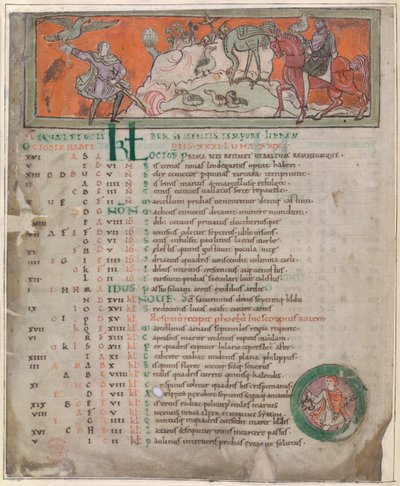 Puuvilla Tiberius B. V, osa 1, f.7v Kuvitus "anglosaksisesta kalenterista" (vellum) tekijältä English School