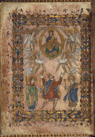 Puuvilla Vespasianus A. VIII, f.2v Edgar tarjoaa peruskirjan Kristukselle, kuvitus julkaisusta "The New Minster Charter", 966 (vellum) tekijältä English School