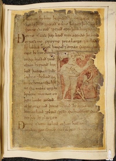 Cotton Vitellius A. XV f.104r, A panotii, eli mies, jonka korvat ulkonevat varrelle, pitelee jouselta näyttävää esinettä, kuva Beowulfista, Nowell Codexista (muste pergamentilla) tekijältä English School