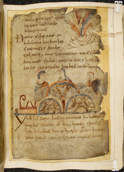 Puuvilla Vitellius A. XV f.105, kultainen viinipuu; kolme henkilöä puhumassa, edustaen ystävällistä kansakuntaa, joka hallitsee Punaista merta, josta löytyy parhaat helmet, kuva Beowulfista, Nowell Codexista (muste pergamentille) tekijältä English School