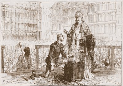 Kreivi Egmont telineellä ennen teloitustaan, kuvitus James Aitken Wylien (1808-1890) teoksesta "Protestantismin historia", pub. 1878 (kaiverrus) tekijältä English School