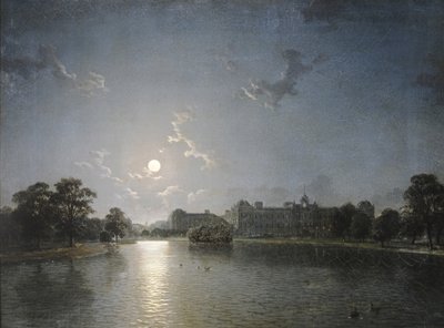 Maalaistalo järven toisella puolella kuutamolla, n. 1850 (öljy kankaalle) tekijältä English School