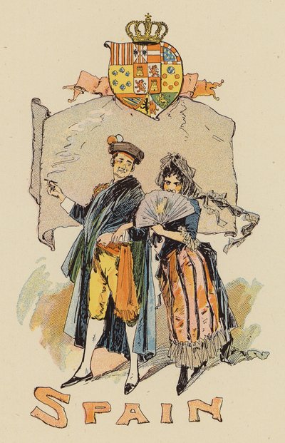 Pari espanjalaisessa asussa (väri litho) tekijältä English School