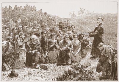 Covenanters palvomassa Whitadderin rannoilla, kuvitus James Aitken Wylien (1808-1890) Protestantismin historiasta, pub. 1878 tekijältä English School
