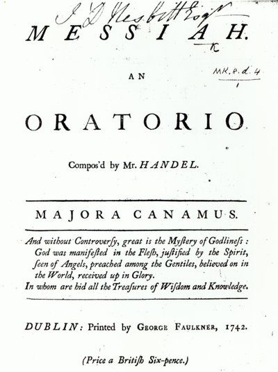 Händelin Messiaan nuottien kansikuva, julkaistu vuonna 1742 tekijältä English School