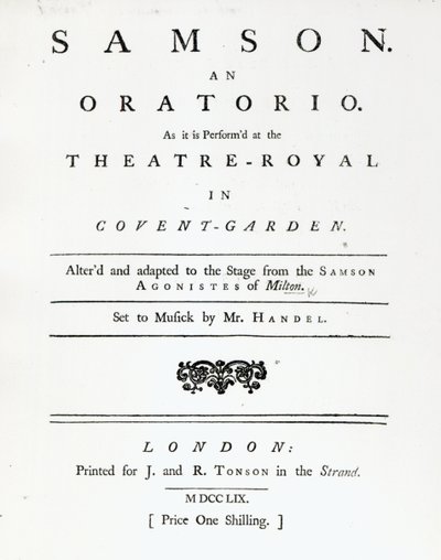 Händelin oratorion Samsonin nuottien kansikuva, julkaistu vuonna 1759 tekijältä English School