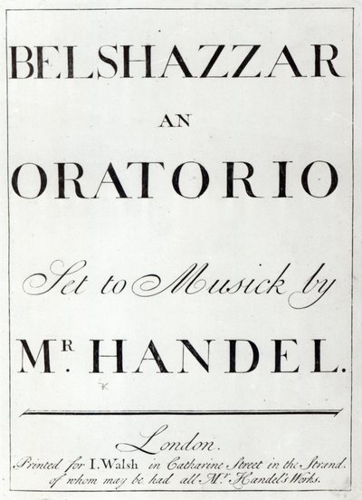 Händelin Belsaszarin partituurin kansi, julkaistu vuonna 1745 tekijältä English School