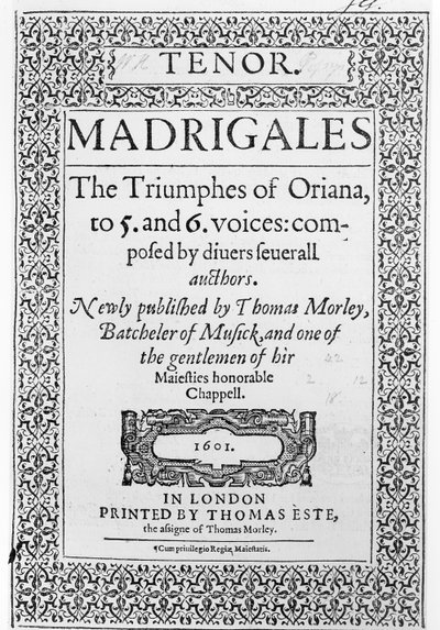 Kansi The Triumphes of Orianan Tenor-osan, julkaisija Thomas Este, 1601 tekijältä English School