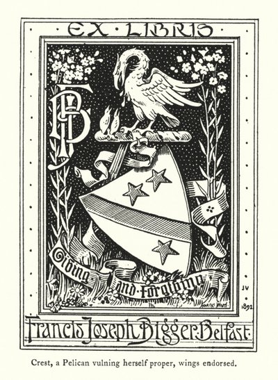 Crest, pelikaani, joka haavoittelee itseään, siivet merkitty (kaiverrus) tekijältä English School