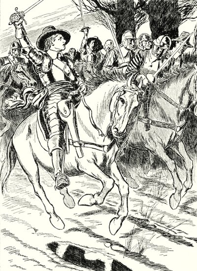 Cromwell johdattaa raudanlujia sotilaitaan taisteluun (litografia). tekijältä English School