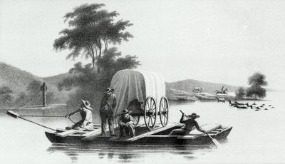 Crossing of the Platte Mouth of Deer Creek, Howard Stansburyn julkaisusta Exploration and Survey of the Valley of the Great Salt Lake of Utah, julkaistu 1852 tekijältä English School