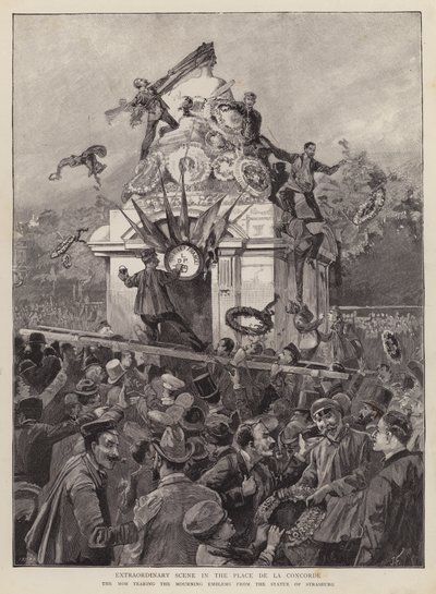 Väkijoukot repivät alas surutunnuksia Strasbourgin patsaasta Place de la Concordella Pariisissa tekijältä English School