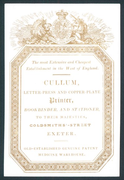 Cullum, Letter-Press ja Copper-Plate Printer, kauppakortti tekijältä English School