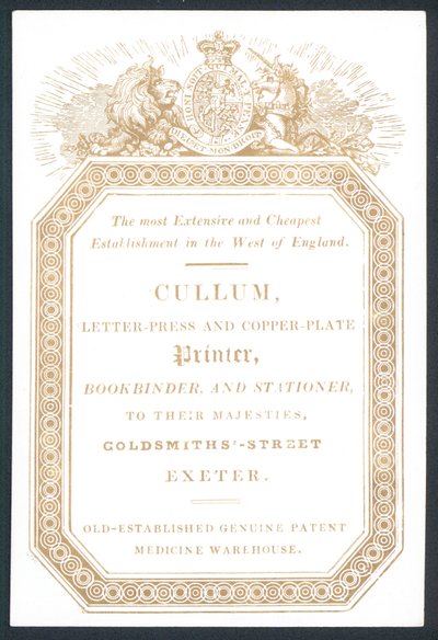 Cullum, Letter-Press ja Copper-Plate Printer, kauppakortti tekijältä English School