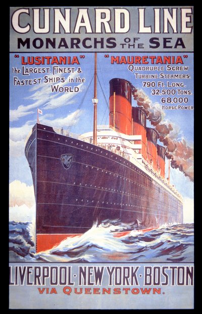 "Cunard Line - Monarchs of the Sea", juliste Lusitanialle ja Mauretanialle tekijältä English School