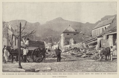 Vuoden 1892 Mauritiuksen sykloni aiheutti vahinkoa Rempart Streetille Port Louisissa. tekijältä English School