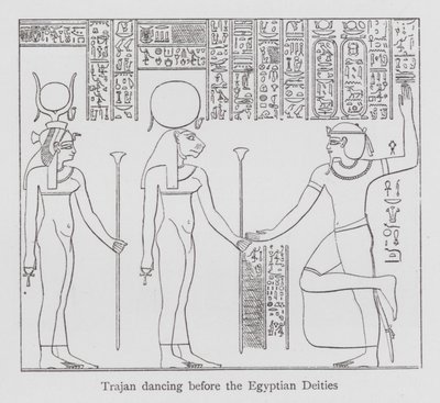 Tanssi: Trajanus tanssii egyptiläisten jumaluuksien edessä (litho) tekijältä English School