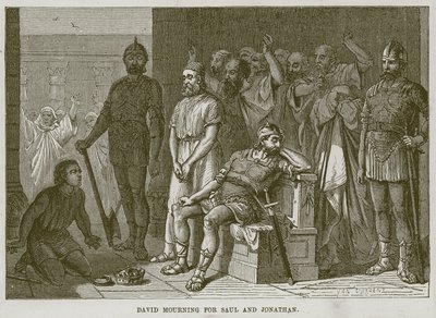 Daavid suree Saulia ja Jonatania, esimerkki The Childs Biblesta, n. 1880 tekijältä English School