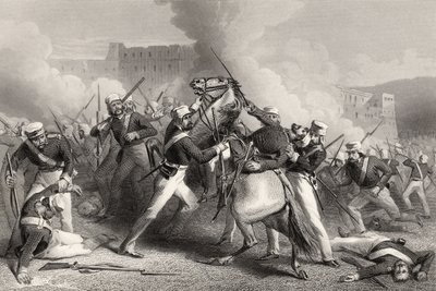 Prikaatikenääri Adrian Hopen kuolema Roodmowin linnakkeen hyökkäyksessä 15. huhtikuuta 1858, vuonna 1858 julkaistusta "Intian kapinan historiasta" tekijältä English School