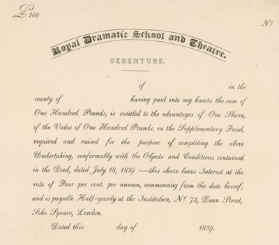 Kuninkaallisen draamakoulun ja teatterin velkakirja, 73 Dean Street, Soho Square, Lontoo tekijältä English School