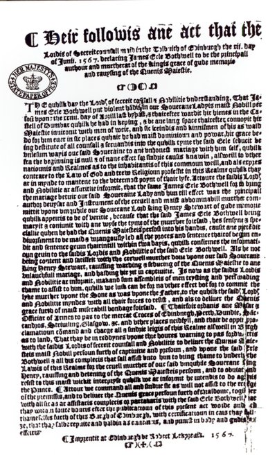 Lordien julistus, jossa todetaan Earl of Bothwellin lordi Darnleyn murhaaja, 1567 (kynä ja muste paperilla) tekijältä English School